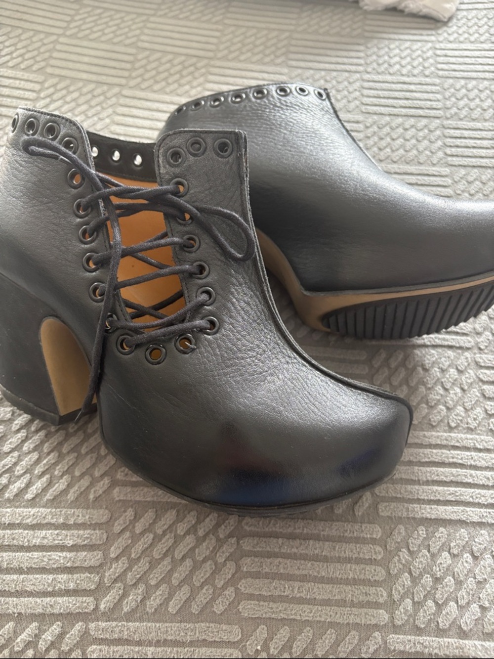 John Fluevog Black Leather Platform Ankle Booties